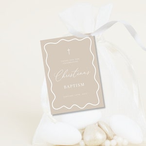 Beige Baptism Bonbonniere Printable Tag ,Baptism Thank You Tags simple DIY Printable , Digital Editable Thank you card tag - beige and white