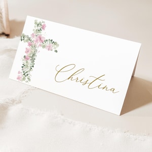 Pink Flower Editable Place Card Template, 3.5x2" Folded, Simple placecard, DIY Printable card, Pink vintage floral Baptism placecard