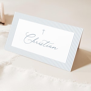 Baptism Place Cards Template, Dusty Blue Place Cards Editable Place Cards Name, Baptism Place card blue stripes Blue place cards stripe Blue