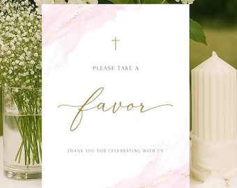 Baptism Favors Sign, Pink Christening Thank You Sign, Communion Party Decor Printable Religious Event Decor, Pink Gold Christian sign