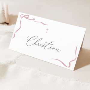 bow Pink Baptism placecard, Pink bow Editable Place Card Template, 3.5x2" Folded, Simple script font , DIY Printable card, baptism placecard