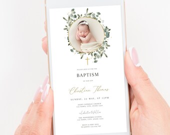 Baptism Invitation Template, Printable Baptism Invite, Eucalyptus Evite, Boy Girl Invitation Christening, Gender Neutral, Photo Text invite