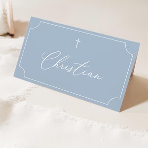 Place Cards Template, Dusty Blue Place Cards, Editable Place Cards Name, Baptism Place card blue folded, Baptism placecards Dusty Blue card