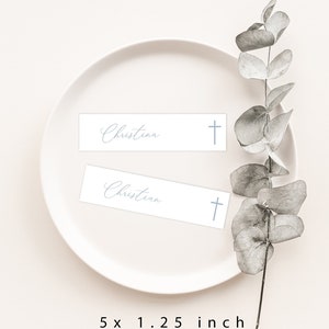 Blue Place Cards Template, thin Place Cards, Editable Place Cards Name, Baptism Place card thin flat place card, thin Placecards with cross