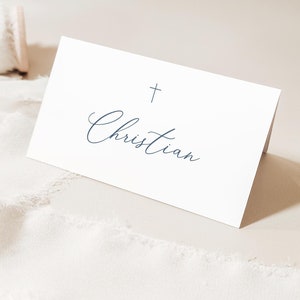 Place Cards Template, Dusty Blue Place Cards, Editable Place Cards Name, Baptism Place card blue folded, Baptism placecards Dusty Blue card