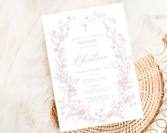 Invitacion de Bautizo, Pampas boho spanish bautizo invitation, Invitaciones Bautizo, Classic Baptism, Mi Bautizo, Spanish Baptism Invitation