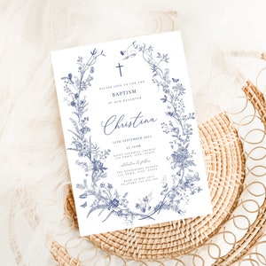 Vintage Floral Baptism Invitation Girl, Girl Flower Invitation Template, Christening Invitation Printable Template, Victorian Era butterfly