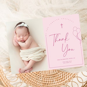 First birthday and Baptism girl Thank you card, Balloons Christening, Hot Pink Thank you card, Girls Pink Modern, First Birthday thank you