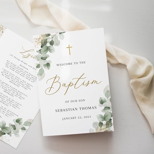 Green Baptism Program Template, Editable Baptism Program for Boy, Christening Program, Printable Baptism Template Greenery and gold