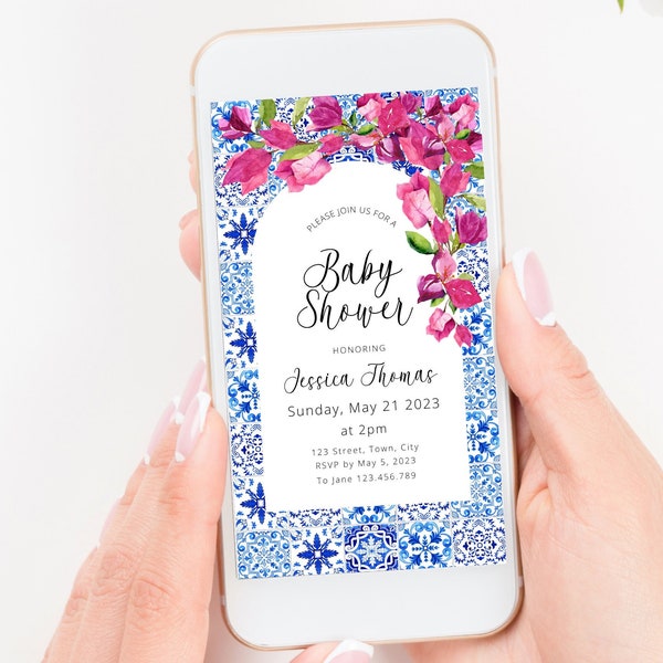 Blue Tiles Greece Baby Shower Evite, Bougainvillea Digital Invitation, Santorini Theme Bridal Shower Smartphone Electronic Envite