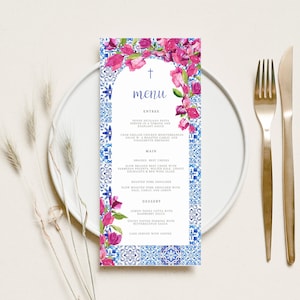 Blue Tiles Greece Menu Bougainvillea Digital menu, Santorini Theme Wedding Menu  , dinner menu, italian tiles menu Menu Printable