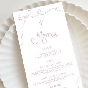 Pink Baptism Menu, Dusty Pink Christening Menu, Religious Menu for baptism decor, Pink cross menu with cross, Pink vintage bow baptism