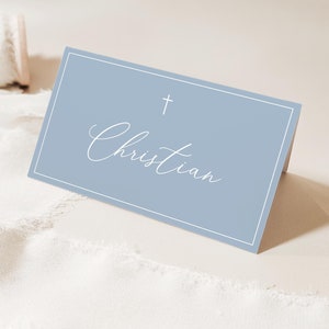 Place Cards Template, Dusty Blue Place Cards, Editable Place Cards Name, Baptism Place card blue folded, Baptism placecards Dusty Blue card