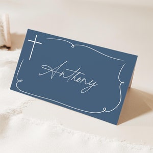 Baptism Place Cards Template, Dusty Blue Place Cards, Editable Place Cards Name, Baptism Place card blue folded, Blue place cards Navy Blue