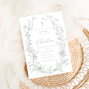 Vintage Floral Baptism Invitation Girl, Girl Flower Invitation Template, Christening Invitation Printable Template, Victorian Era butterfly