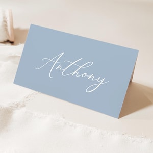 Place Cards Template, Dusty Blue Place Cards, Editable Place Cards Name, Baptism Place card blue folded, Baptism placecards Dusty Blue card