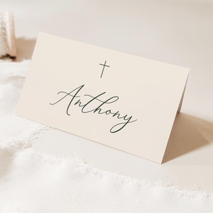 Boy Baptism Place Cards, Cream and Green Place Card Template, Moss Green Baptism Placecards, Tent or Flat Editable Printable