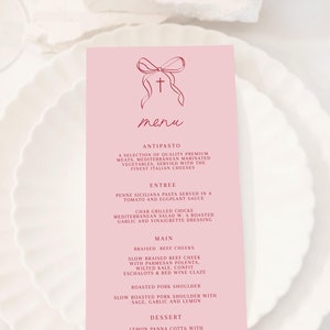 Pink Baptism Menu, whimsical Pink Christening Menu, Religious Menu for baptism decor, Pink menu with cross, "4 x 9" DIY Printable menu