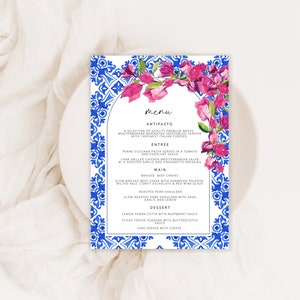 Blue Tiles Greece Menu Bougainvillea Digital Invitation, Santorini Theme Wedding Menu  , dinner menu, italian tiles menu Menu Printable