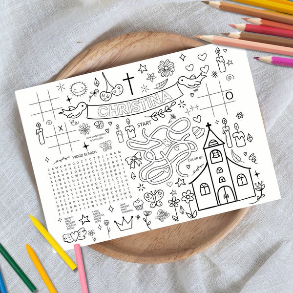 PERSONALISED Baptism day Activity and Colouring Sheet, Placemat or worksheet - perfect PDF for  Christening / Holy Communion / Confirmation