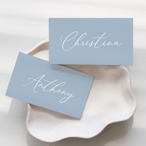 Place Cards Template, Dusty Blue Place Cards, Editable Place Cards Name, Baptism Place card blue folded, Baptism placecards Dusty Blue card