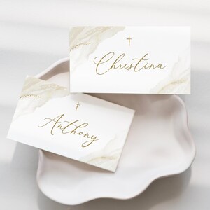 Beige Editable Place Card Template, 3.5x2" Folded and flat, Simple script font , DIY Printable card, baptism placecard beige decor