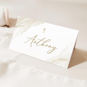 Beige Editable Place Card Template, 3.5x2" Folded and flat, Simple script font , DIY Printable card, baptism placecard beige decor