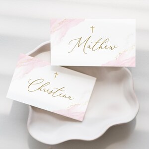 Pink Baptism Place card, Editable Place Card Template, Christening table card 3.5x2inch, Simple placecard Editable Pink girl baptism card