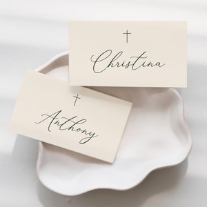 Boy Baptism Place Cards, Cream and Green Place Card Template, Moss Green Baptism Placecards, Tent or Flat Editable Printable