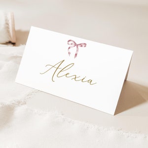 Dusty Pink bow Editable Place Card Template, Simple script font Printable card, baptism placecard, bow baptism placecard, pink bow baptism