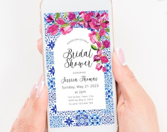 Blue Tiles Greece Bridal Shower Evite, Bougainvillea Digital Invitation, Santorini Theme Bridal Shower Smartphone Electronic Envite