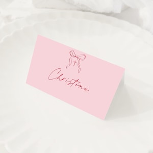 Pink bow Editable Place Card Template, 3.5x2" Folded, Simple script font , DIY Printable card, baptism placecard
