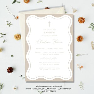 Boho Baptism Invitation, Minimalist Christening Invitation Template, Neutral Christening Invitation, Wavy Baptism Invite, Baptismal invite