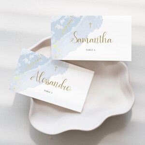 Place Cards Template, Dusty Blue Place Cards, Editable Place Cards Name, Baptism Place card blue folded, Wedding placecards Dusty Blue card