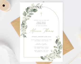 May include: A white invitation with a gold border and green floral design. The text reads "Please join us for the First Holy Communion of our daughter Alexia Thomas. Sunday, January 22nd 2024. Saint Catholic Church at 12pm. 123 Town, City, State. Celebration to follow. The PepperTree Events. 123 Town, City, State. RSVP January 2nd 2024 to Jenny 123.456.789. Religious event can be changed. Christening | Holy Communion | Confirmation and any other."