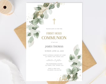 May include: A green and gold watercolor invitation for a First Holy Communion. The invitation features a cross, greenery, and gold glitter. The text reads "Please join us for the First Holy Communion of our son James Thomas, Sunday, June 22, 2023, Saint Catholic Church at 10am, 123 Town, City, State 1234, Celebration to follow, The Peppertree Events, 123 Town, City, State 1234, RSVP 10 May 2022 to Jenny 123.456.789, Religious event can be changed, Christening | Holy Communion | Confirmation and any other."