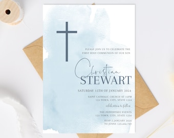 May include: A blue watercolor background with a cross and the text "Christian Stewart" in a cursive font. The text "Saturday 15th of January 2024" is below the name. The text "Saint Catholic Church at 12PM" is below the date. The text "123 Town, City, State 1234" is below the church information. The text "celebration to follow" is below the address. The text "The Peppertree Events" is below the celebration information. The text "123 Town, City, State 1234" is below the event name. The text "RSVP 5 January 2024" is below the address. The text "To Jenny 123.456.789" is below the RSVP information. The text "religious event can be changed" is below the phone number. The text "Christening | Holy Communion | Confirmation and any other" is below the event information.