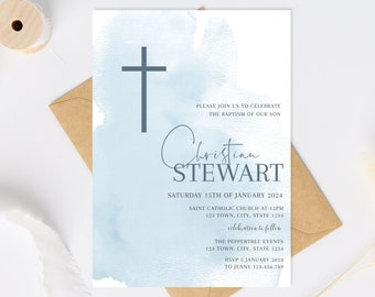 Baptism invitation boy, baby boy baptism invitation, baptism invitation digital, dusty blue baptism invitation, Boy Christening invitation