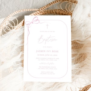 Pink Bow Baptism Invitation Girl, Christening Template, Watercolor bow Baptism Invite Printable, Pink Christening Invitation, Pink Baptism