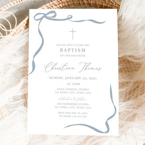 Blue Girl Baptism Invitation, Girl Christening Invitation Template, Blue Christening Invite Template, Blue Bow Baptism Invite, Baptism evite