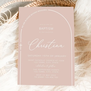 Baptism Invitation Girl, Christening Invitation, Arch Dusty Pink Modern Invitation, Pink Christening Invitation, Holy Communion Printable