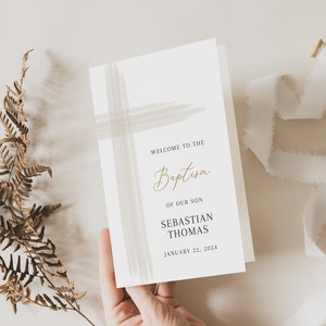 Boho Baptism Program Template, Editable Baptism Program for Boy or girl, Christening Program, Printable Baptism Template Beige and gold