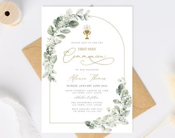 May include: A white invitation with a gold border and floral design. The text reads "Please join us for the First Holy Communion of our daughter Alexia Thomas. Sunday, January 22nd 2024. Saint Catholic Church at 12pm. 123 Town, City, State. Celebration to follow. The Pepper Tree Events. 123 Town, City, State. RSVP January 2nd 2024 to Jenny 123.456.789. Religious event can be changed. Christening | Holy Communion | Confirmation and any other."