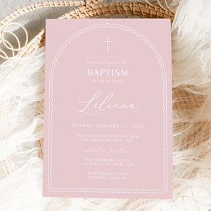 Pink Baptism Invitation Girl, Scollop Arch Baptism Invite Printable, Pink Christening Invitation, Pink Arch Holy Communion Invitation