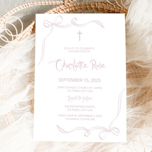 Pink Baptism Invitation Girl, Christening Invitation, Pink bow Baptism Invite Printable, Pink Christening Invitation, Holy Communion