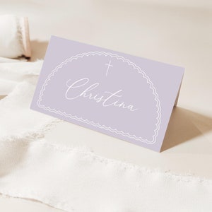 Lilac Purple Editable Place Card Template, 3.5x2" Folded, Baptism placecard, Baptism purple place card