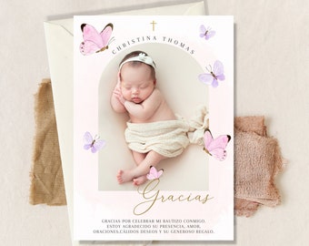 Tarjeta de agradecimiento con foto de bautizo para niño, gracias de bautizo, gracias azul por celebrar el bautizo, Pink butterfly thank you