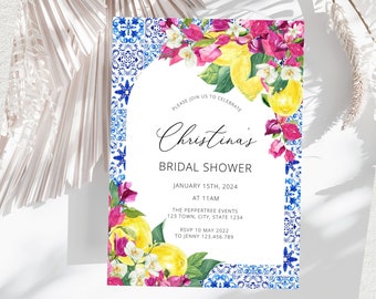 Lemon Bridal Shower Invitation, Modern Elegant Wedding Invitation Template, Printable Wedding Invite, Santorini Blue Tiles Bougainvillea