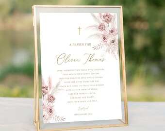 Pink baptism prayer sign template,  Boho Pink flower prayer sign, printable baptism gift, editable baptism prayer, custom girl baptism