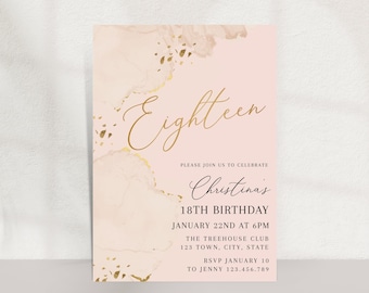 May include: A blush pink and gold invitation card for an 18th birthday celebration. The card features the word "Eighteen" in gold script, along with event details, including the date, time, and location. Gold foil accents add a touch of elegance.